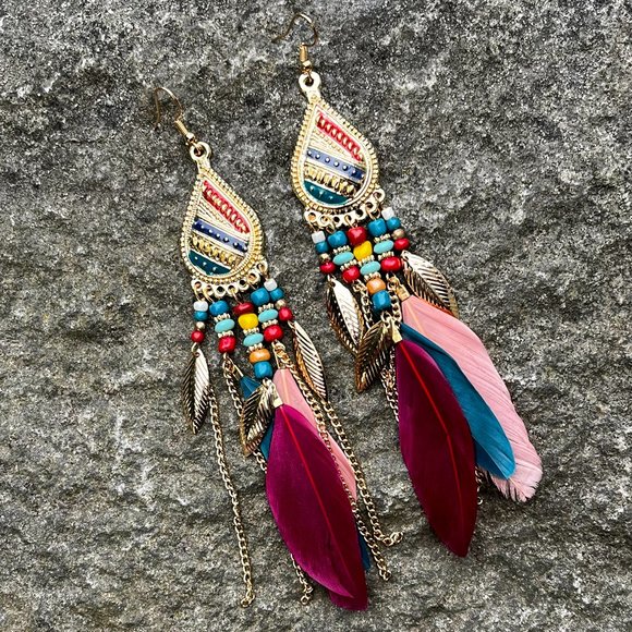 Feather Bohemian Statement Earrings - Picture 4 of 4